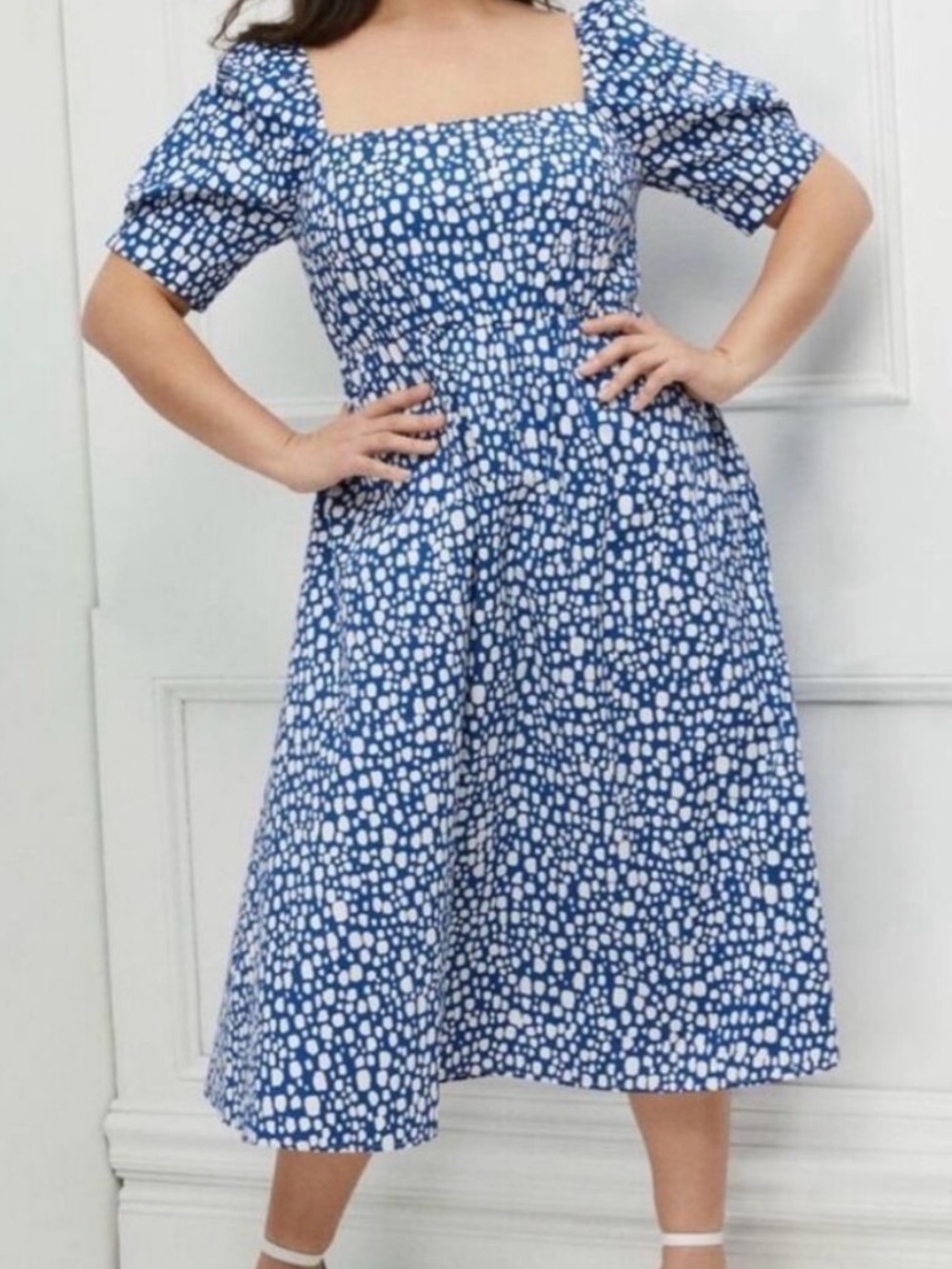 Eloquii Elements Blue White Abstract Dot Print Puff Sleeves Fit and Flare  Dress